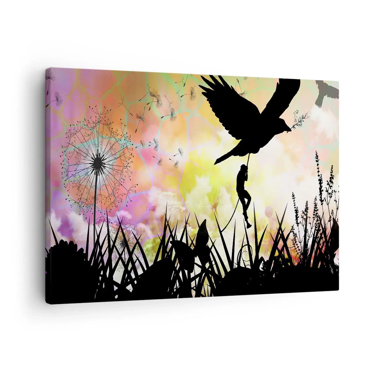 Impression sur toile - Image sur toile - Silhouette de la nature avec un oiseau et un pissenlit - 70x50cm - Dans une ambiance de conte de fées - Décoration murale moderne pour le salon et la chambre ARTTOR