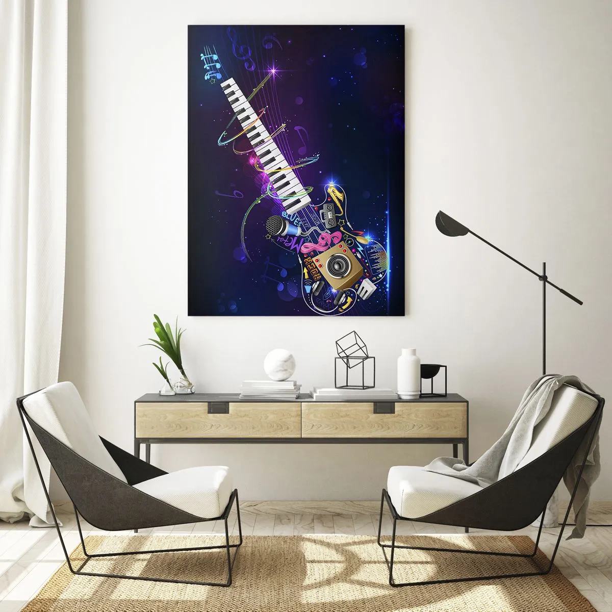 Impression sur verre - Image sur verre - Composition musicale colorée avec instruments et notes - 50x70cm - Et tout va bien - Décoration murale moderne pour le salon et la chambre ARTTOR