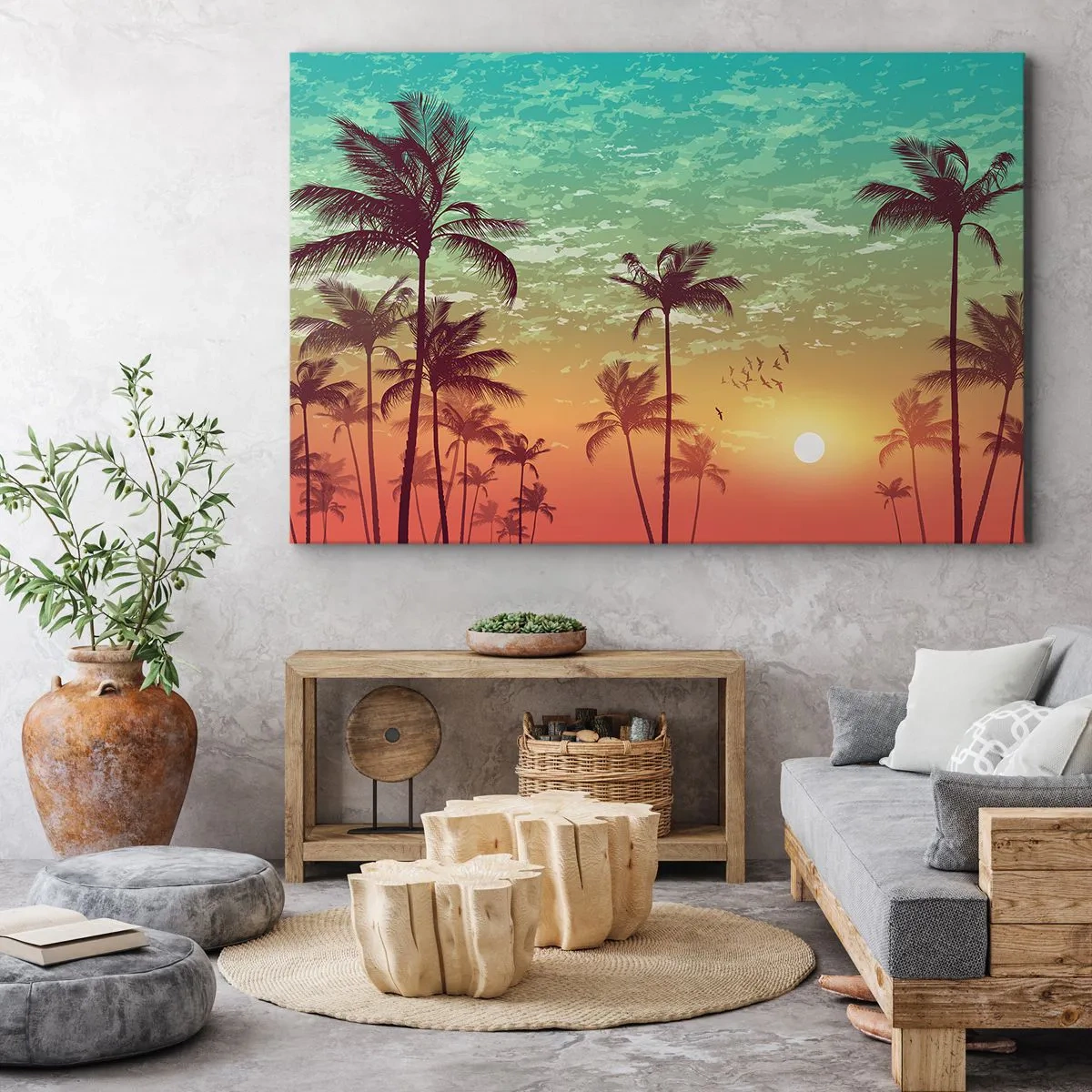 Impression sur toile - Image sur toile - Coucher de soleil avec des palmiers sur un ciel coloré - 100x70cm - Ambiance tropicale - Décoration murale moderne pour le salon et la chambre ARTTOR