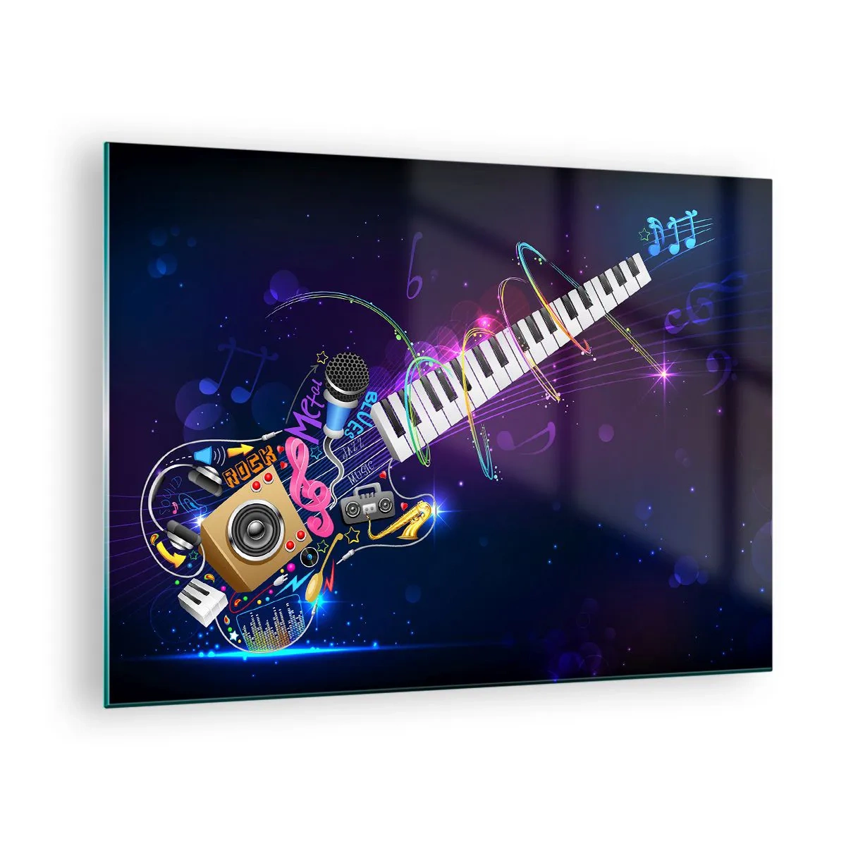 Impression sur verre - Image sur verre - Composition musicale colorée avec instruments et notes - 70x50cm - Et tout va bien - Décoration murale moderne pour le salon et la chambre ARTTOR