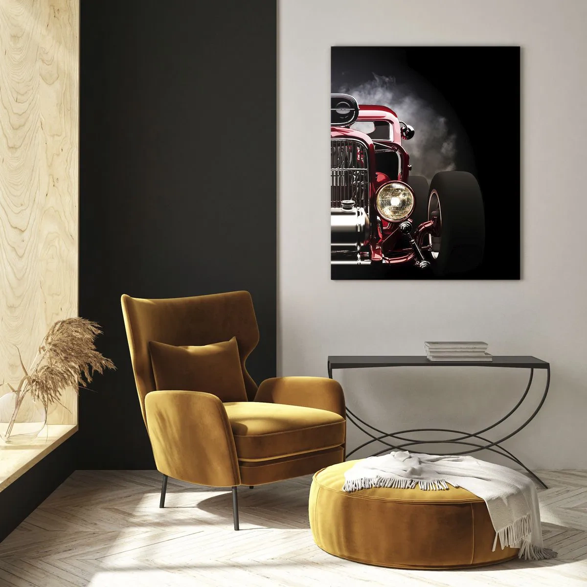 Impression sur verre - Image sur verre - Hot rod rouge dans une épaisse fumée - 50x70cm - Rapide et furieusement beau - Décoration murale moderne pour le salon et la chambre ARTTOR