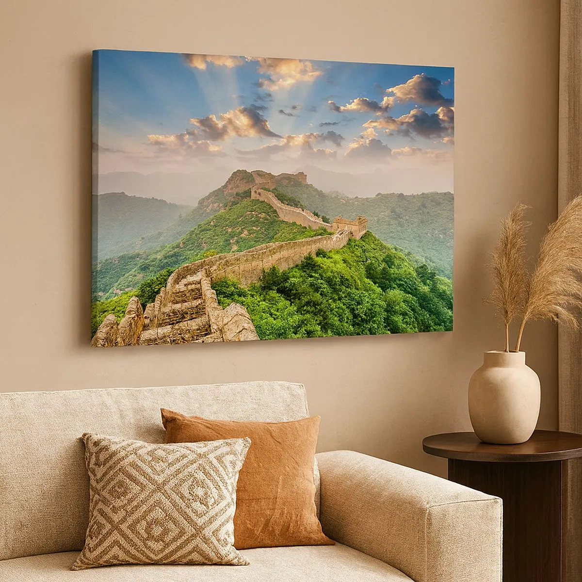 Impression sur toile - Image sur toile - La Grande Muraille de Chine illuminée par la lumière du soleil dans un paysage pittoresque - 70x50cm - Grandeur éternelle - Décoration murale moderne pour le salon et la chambre ARTTOR