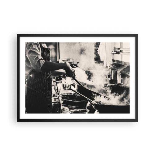 Affiche dans un cadre noir - Poster - Un chef au travail dans la cuisine avec de la vapeur s'élevant d'une poêle à frire - 70x50cm - Alchimie des saveurs - Décoration murale moderne pour le salon et la chambre ARTTOR
