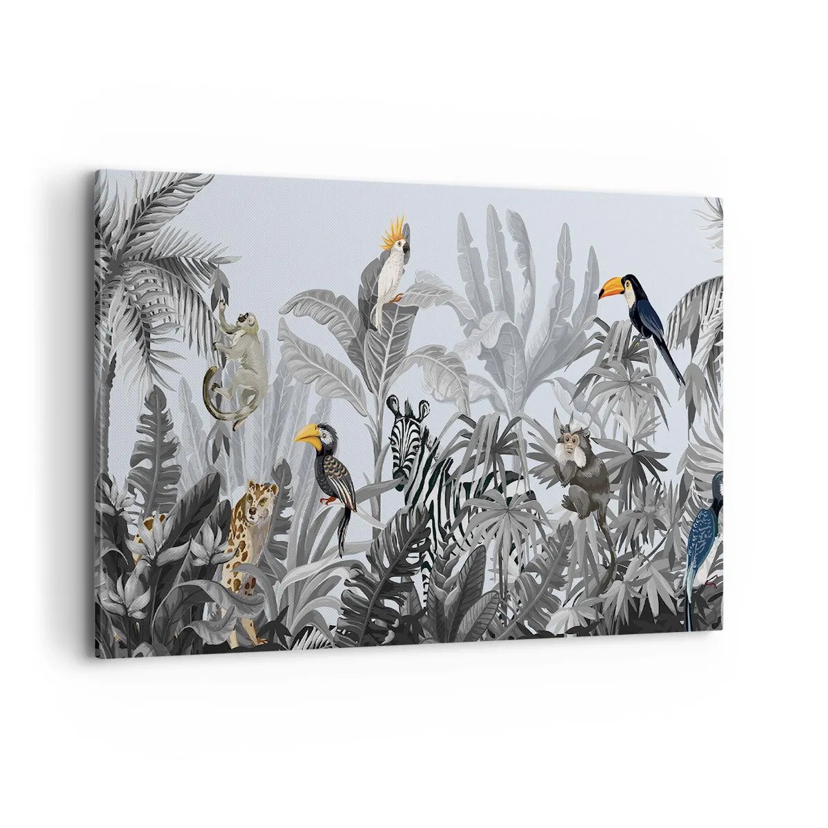 Impression sur toile - Image sur toile - Jungle tropicale avec des animaux exotiques sur fond gris - 120x80cm - Conte de fées africain - Décoration murale moderne pour le salon et la chambre ARTTOR