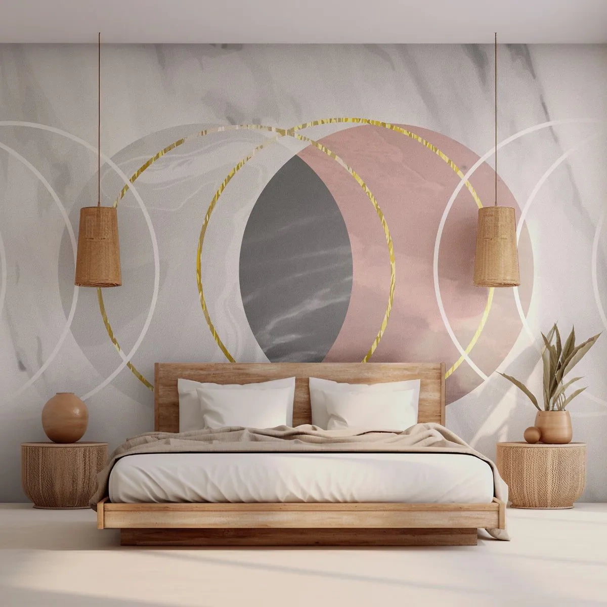 Papier Peint Photo Premium Canvas - Composition géométrique abstraite avec des cercles et des détails métalliques - 100x70cm - Musique des sphères - Décoration murale moderne pour le salon et la chambre ARTTOR