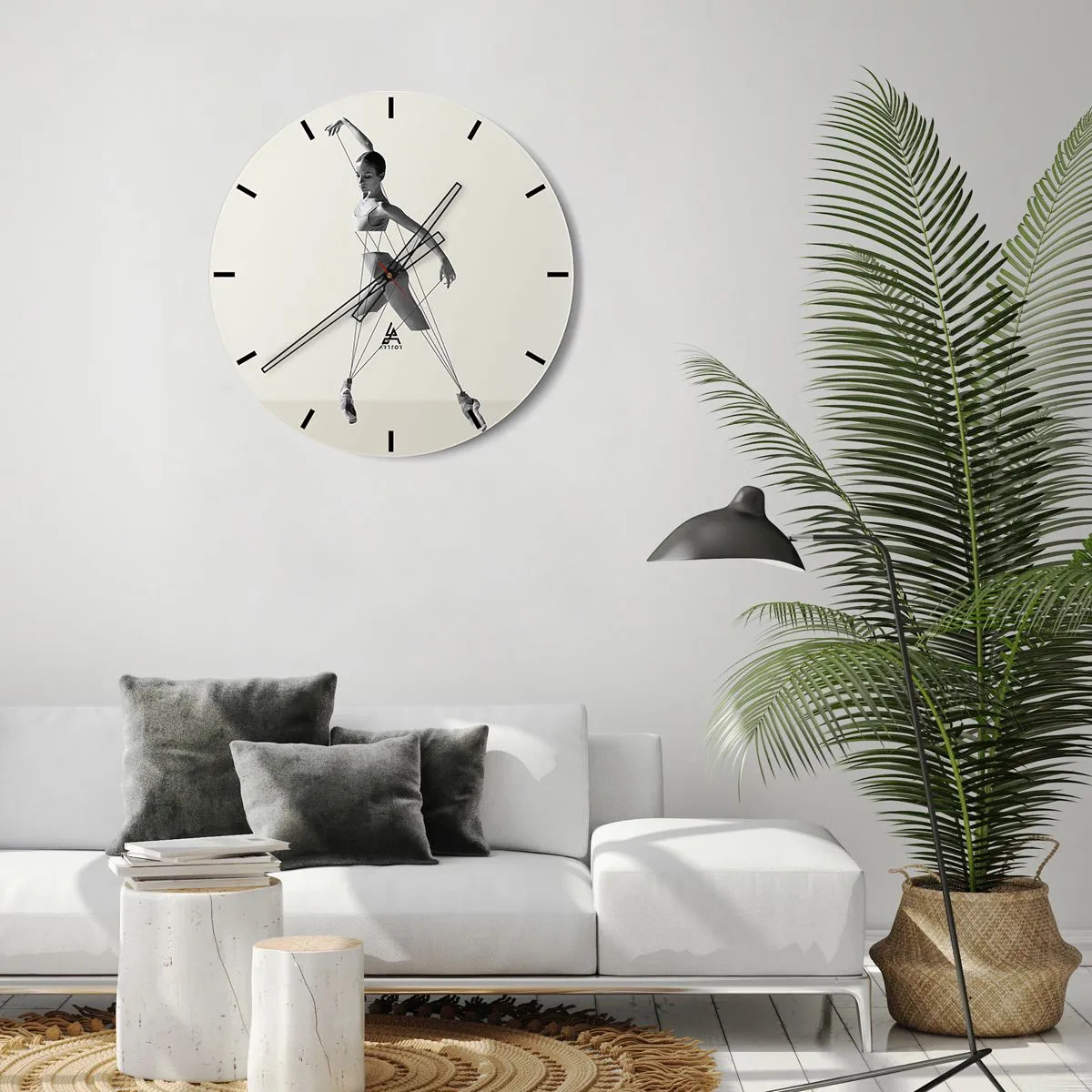 Horloge murale - Pendule murale - Une ballerine noire et blanche stylisée en marionnette sur fond clair. - 30x30cm - Dans le théatre de la vie - Décoration murale moderne pour le salon, la cuisine et la chambre ARTTOR