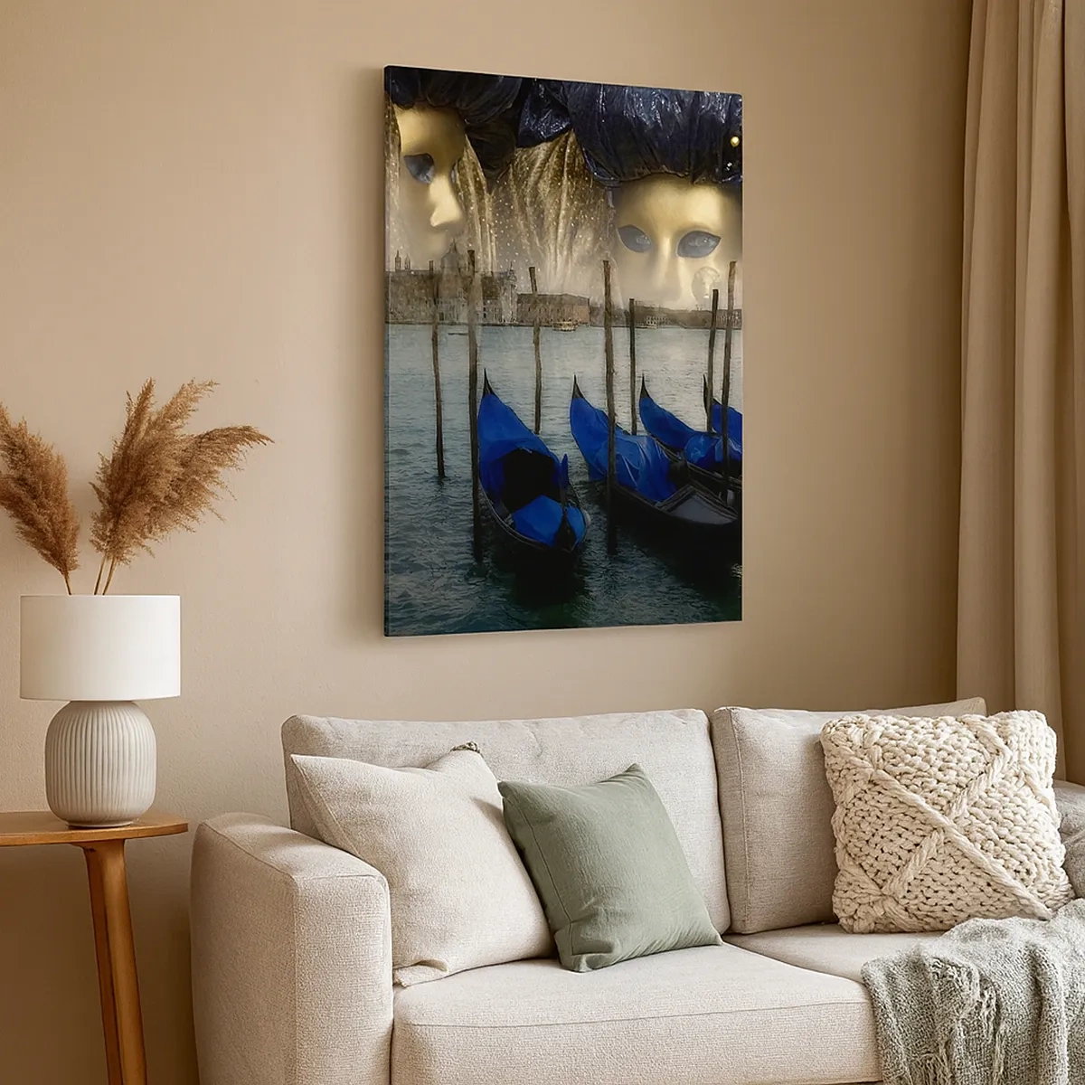 Impression sur toile - Image sur toile - Masques de carnaval vénitien et gondoles sur fond de ville et d'eau - 50x70cm - Il est temps de commencer le carnaval - Décoration murale moderne pour le salon et la chambre ARTTOR