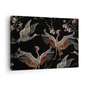Impression sur toile - Image sur toile - Grues et fleurs élégantes sur fond noir - 70x50cm - Un oiseau de conte de fées - Décoration murale moderne pour le salon et la chambre ARTTOR