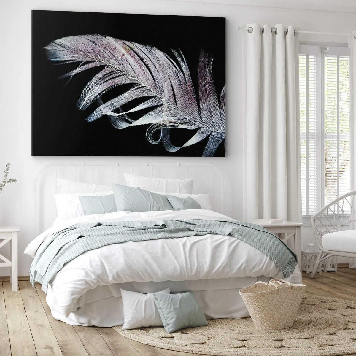 Impression sur toile - Image sur toile - Une plume délicate sur fond noir dans une démarche artistique - 120x80cm - Pensez au toucher - Décoration murale moderne pour le salon et la chambre ARTTOR