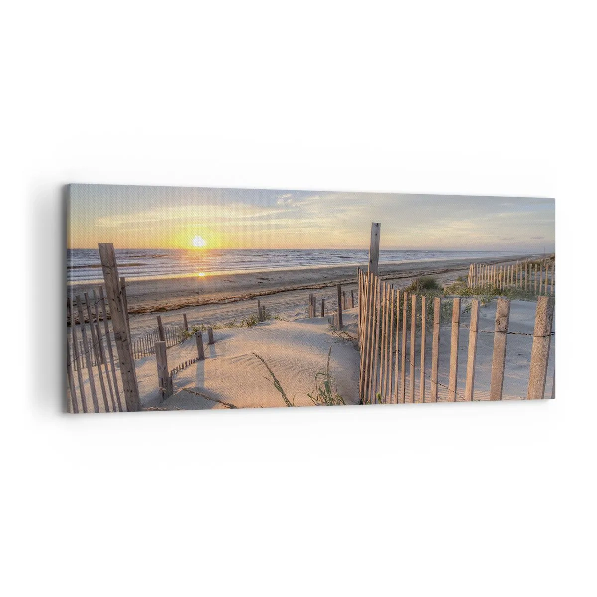 Impression sur toile - Image sur toile - Plage au coucher du soleil avec clôture en bois - 120x50cm - Ombre et brillance du vent - Décoration murale moderne pour le salon et la chambre ARTTOR