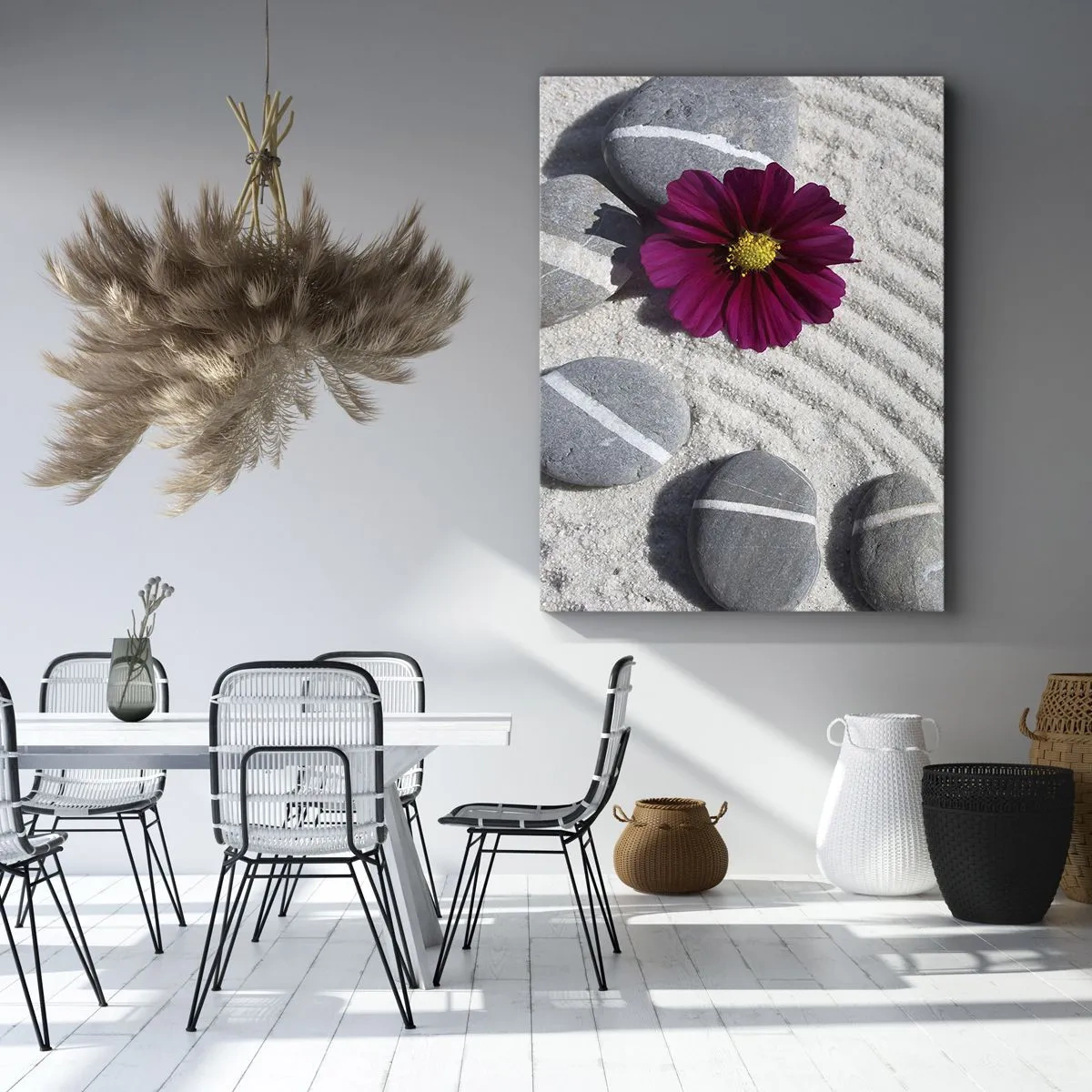 Impression sur toile - Image sur toile - Des pierres et une fleur rose sur le sable dans un style zen - 50x70cm - Énergie et paix du cercle magique de la nature - Décoration murale moderne pour le salon et la chambre ARTTOR