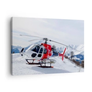 Impression sur toile - Image sur toile - Un hélicoptère rouge sur fond de paysage de montagne enneigé. - 70x50cm - Toujours prêt - Décoration murale moderne pour le salon et la chambre ARTTOR
