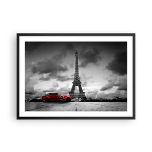 Affiche dans un cadre noir - Poster - Voiture rétro rouge devant la Tour Eiffel en noir et blanc - 70x50cm - Il n'y a pas si longtemps à Paris - Décoration murale moderne pour le salon et la chambre ARTTOR
