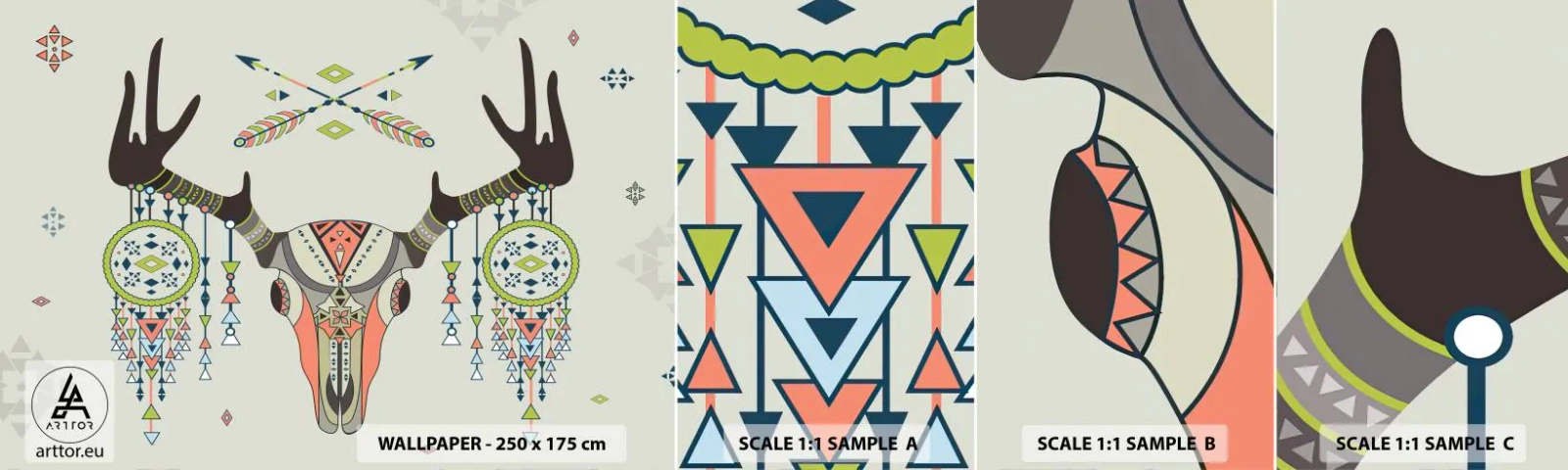 Échantillon De Papier Peint Standard Eco - Trophée du chasseur indien - Abstraction, Cerf, Bohème - 100x30 cm
