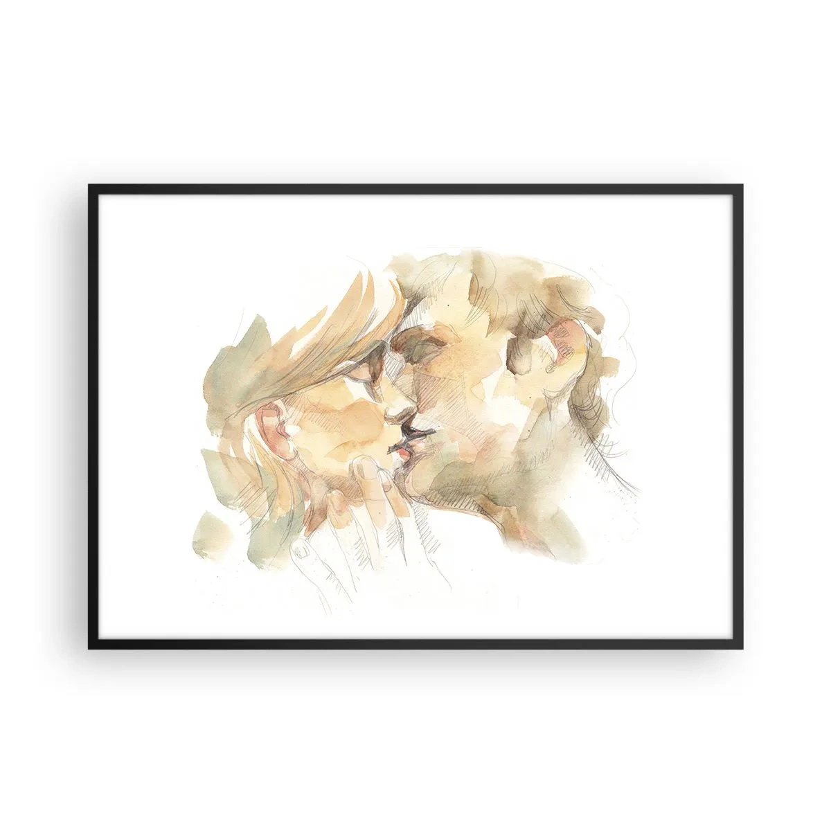 Affiche dans un cadre noir - Poster - Portrait romantique à l'aquarelle d'un couple s'embrassant - 100x70cm - A moitié trouvé ? - Décoration murale moderne pour le salon et la chambre ARTTOR