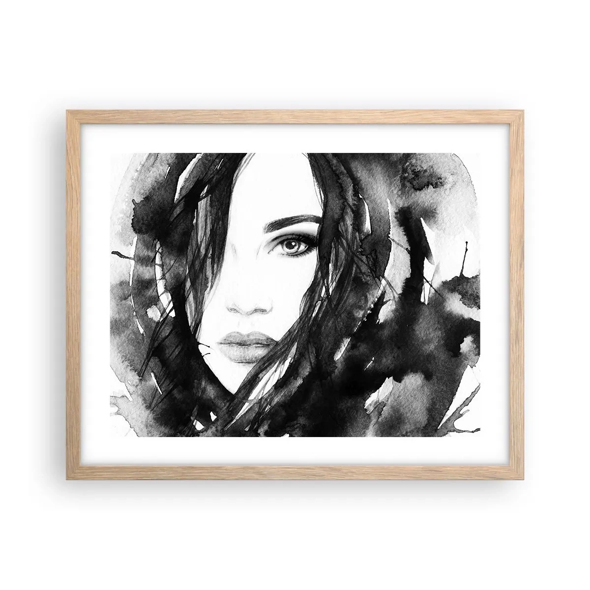 Affiche dans un chêne clair - Poster - Portrait d'une dame en noir et blanc - 50x40 cm