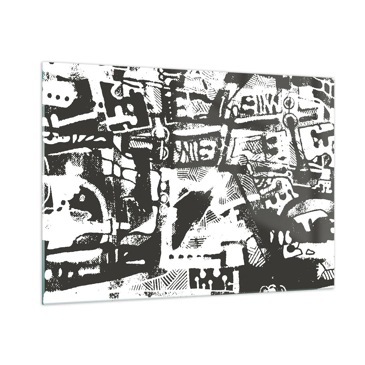 Impression sur verre - Image sur verre - Abstraction en noir et blanc avec des motifs géométriques et techniques - 100x70cm - Ordre ou chaos? - Décoration murale moderne pour le salon et la chambre ARTTOR