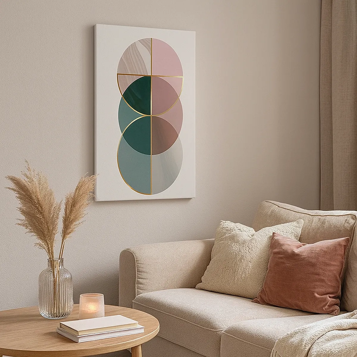 Impression sur toile - Image sur toile - Une composition abstraite de formes géométriques et de lignes dorées. - 50x70cm - Cercles après cercles - Décoration murale moderne pour le salon et la chambre ARTTOR