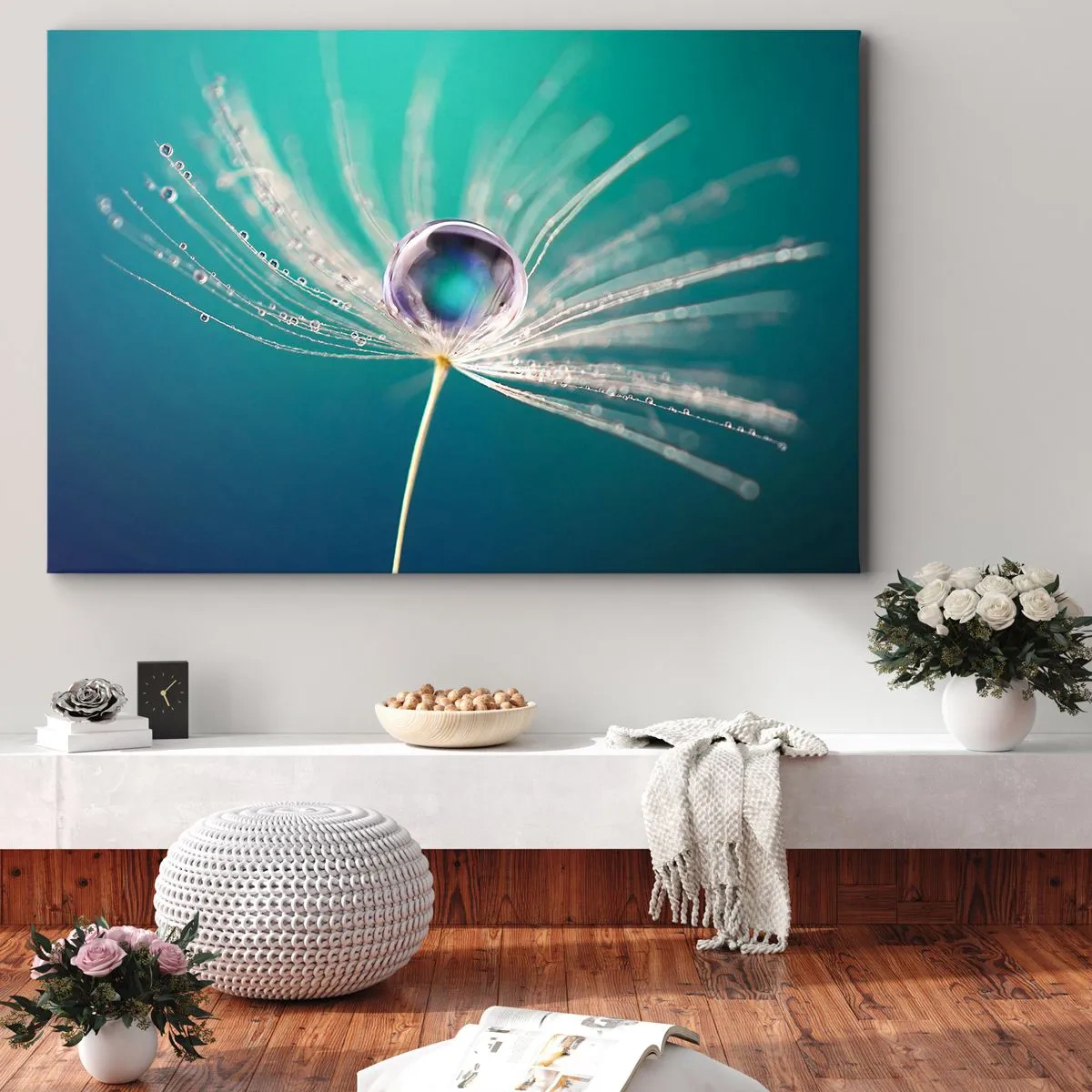 Impression sur toile - Image sur toile - Macro d'une goutte d'eau sur une délicate graine de pissenlit - 70x50cm - Moment mystique - Décoration murale moderne pour le salon et la chambre ARTTOR