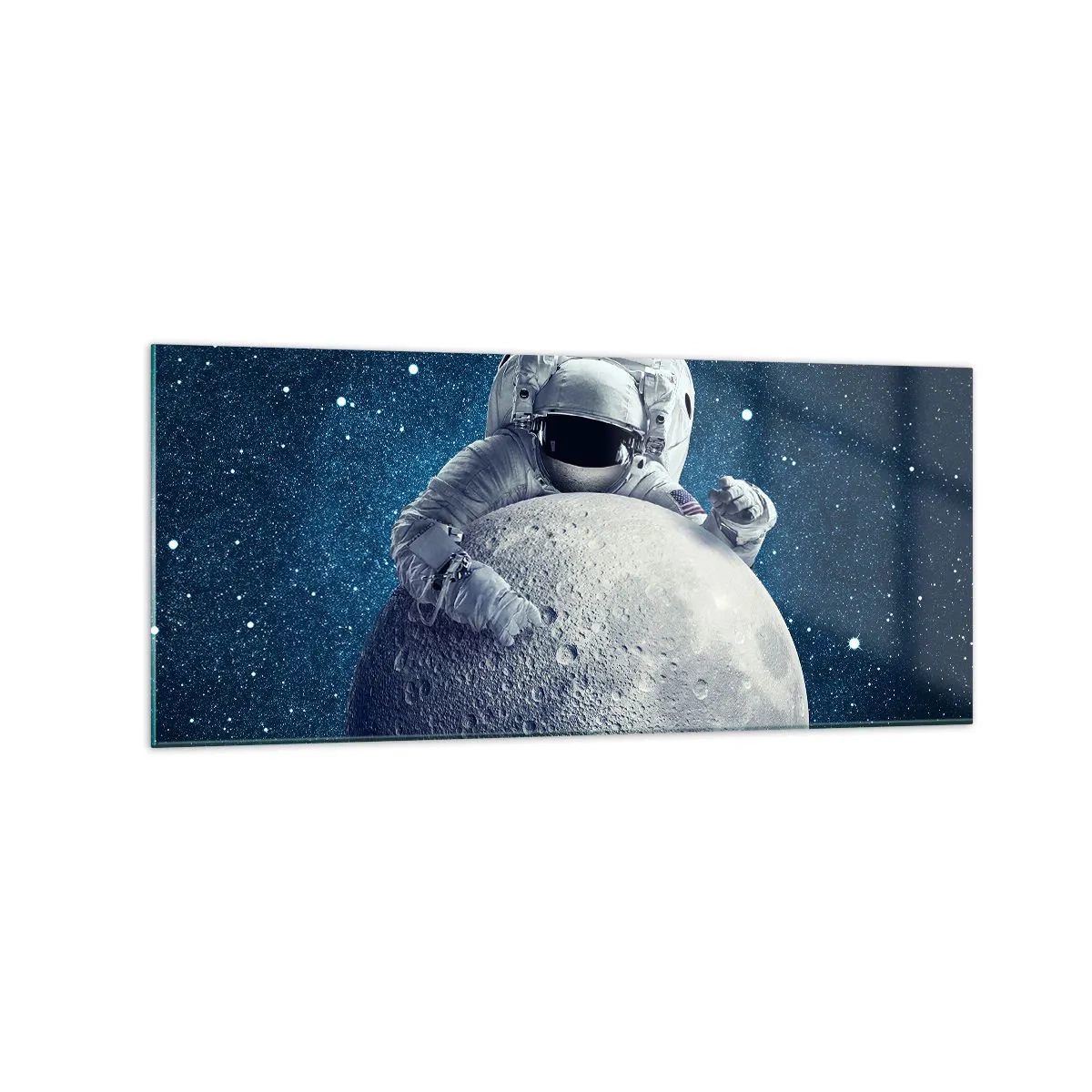 Impression sur verre - Image sur verre - Astronaute tenant la lune dans un ciel étoilé - 120x50cm - Comique de l'espace - Décoration murale moderne pour le salon et la chambre ARTTOR