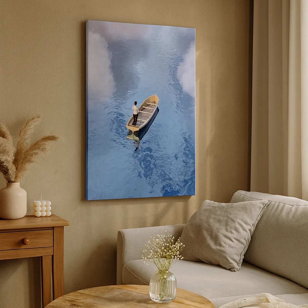 Impression sur toile - Image sur toile - Un homme dans un bateau sur une mer calme entourée de nuages - 50x70cm - Vie – voyage – inconnu - Décoration murale moderne pour le salon et la chambre ARTTOR