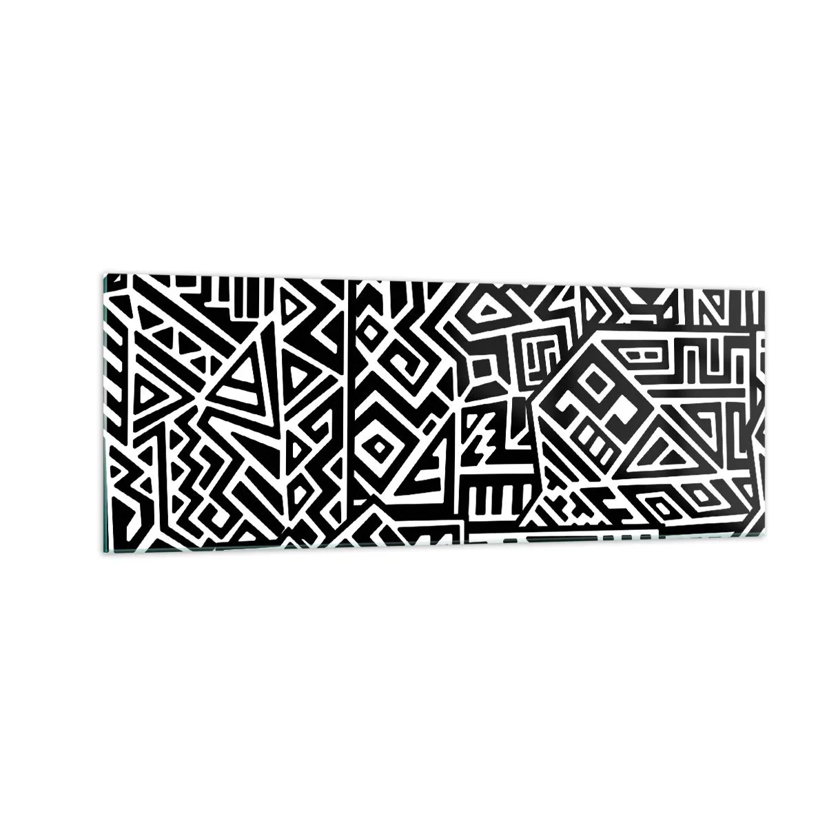 Impression sur verre - Image sur verre - Motifs géométriques noirs et blancs inspirés de la culture précolombienne - 140x50cm - Composition précolombienne - Décoration murale moderne pour le salon et la chambre ARTTOR