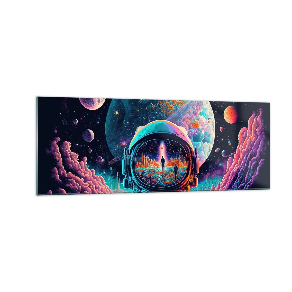 Impression sur verre - Image sur verre - Astronaute dans l'espace avec un paysage planétaire coloré - 140x50cm - Les philosophes n'en ont pas rêvé - Décoration murale moderne pour le salon et la chambre ARTTOR