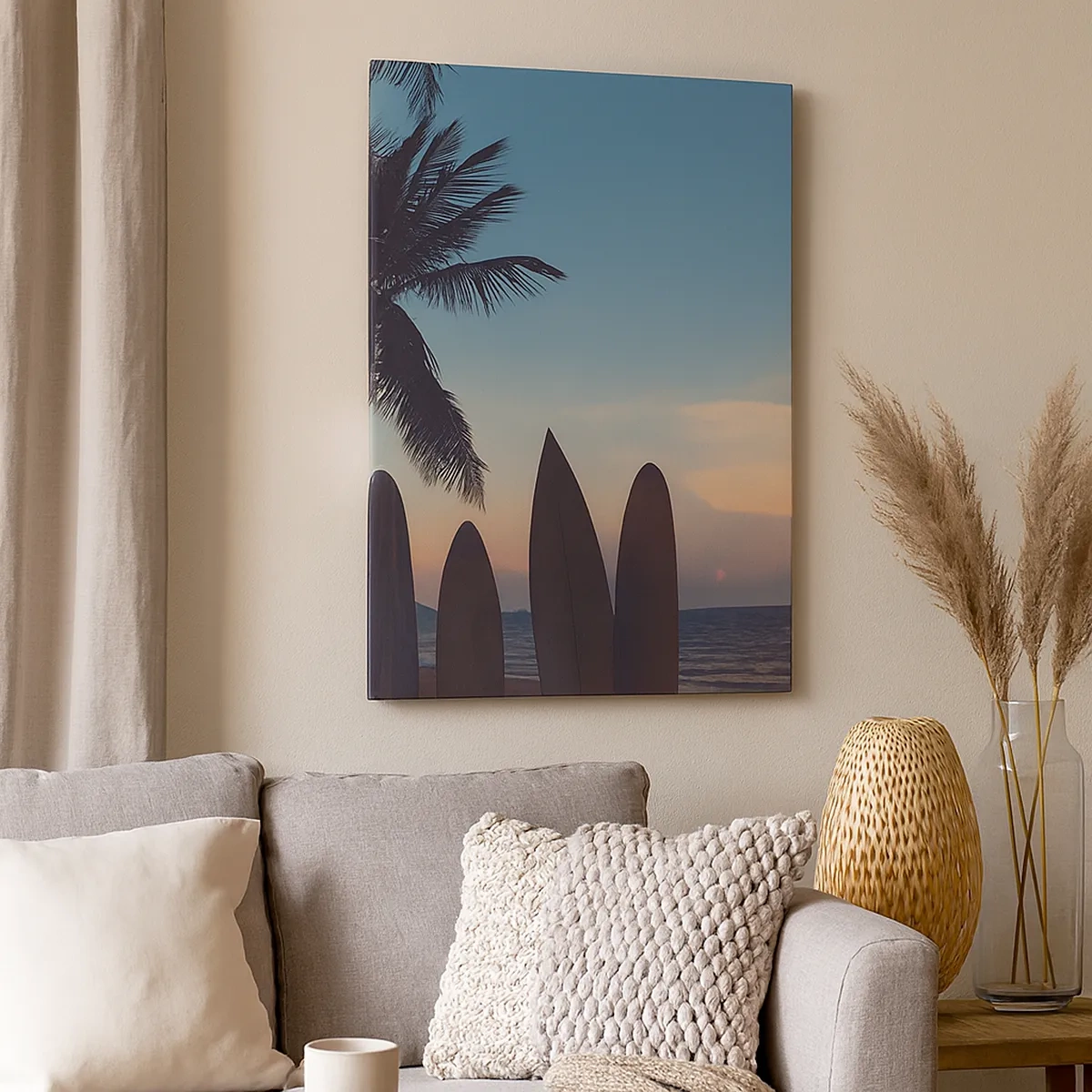 Impression sur toile - Image sur toile - Planches de surf sur fond de palmier et de coucher de soleil - 50x70cm - Demain sera amusant aussi - Décoration murale moderne pour le salon et la chambre ARTTOR