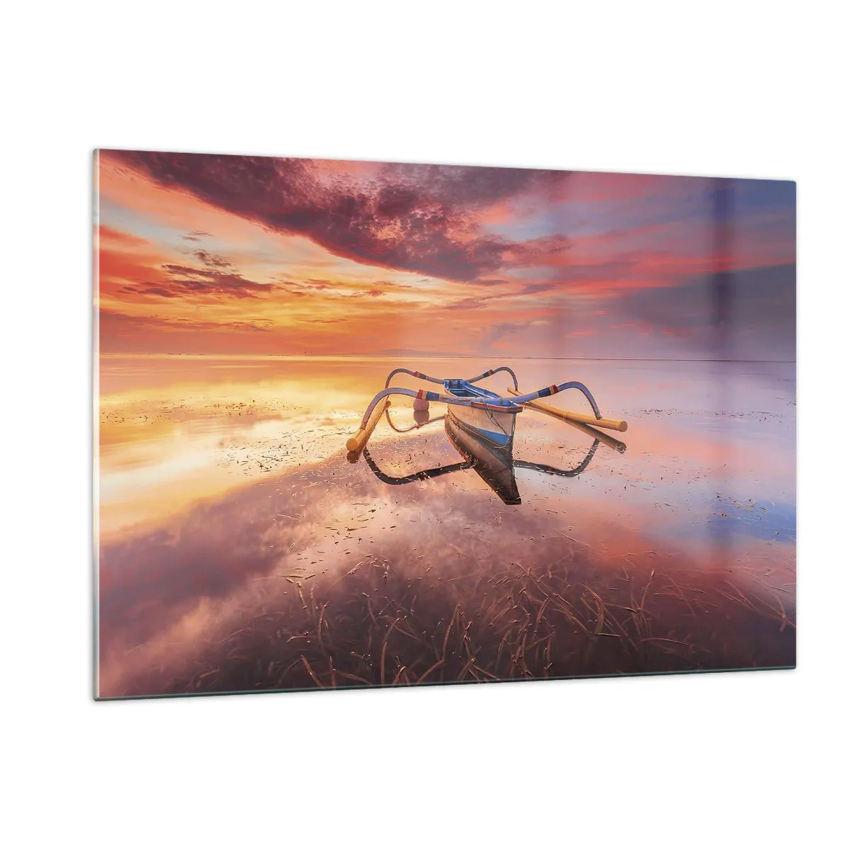 Impression sur verre - Image sur verre - Bateau traditionnel sur une eau calme au coucher du soleil - 120x80cm - Le calme d'une soirée tropicale - Décoration murale moderne pour le salon et la chambre ARTTOR