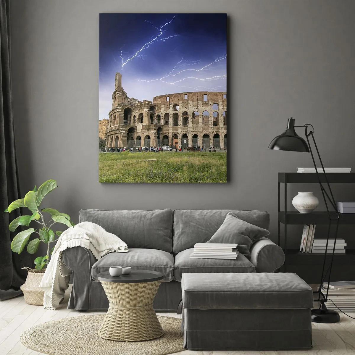 Impression sur toile - Image sur toile - Le Colisée de Rome illuminé par la foudre - 50x70cm - Arène de combat - Décoration murale moderne pour le salon et la chambre ARTTOR