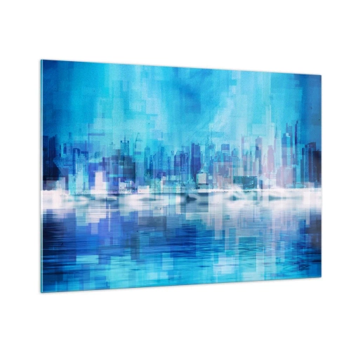 Impression sur verre - Image sur verre - Un panorama urbain moderne dans des tons bleus - 100x70cm - Noyé dans le bleu - Décoration murale moderne pour le salon et la chambre ARTTOR