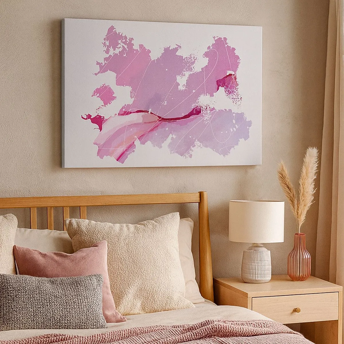 Impression sur toile - Image sur toile - Carte du monde abstraite dans les tons de rose - 70x50cm - Carte du monde rose - Décoration murale moderne pour le salon et la chambre ARTTOR