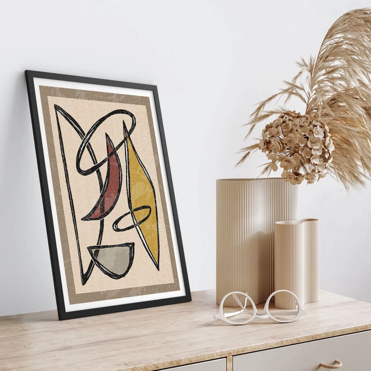 Affiche dans un cadre noir - Poster - Abstraction géométrique dans les tons beige et marron - 50x70cm - Verticales et horizontales - Décoration murale moderne pour le salon et la chambre ARTTOR