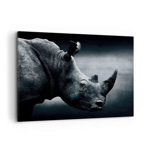 Impression sur toile - Image sur toile - Portrait noir et blanc d'un rhinocéros sur fond sombre - 100x70cm - Le profil droit - Décoration murale moderne pour le salon et la chambre ARTTOR