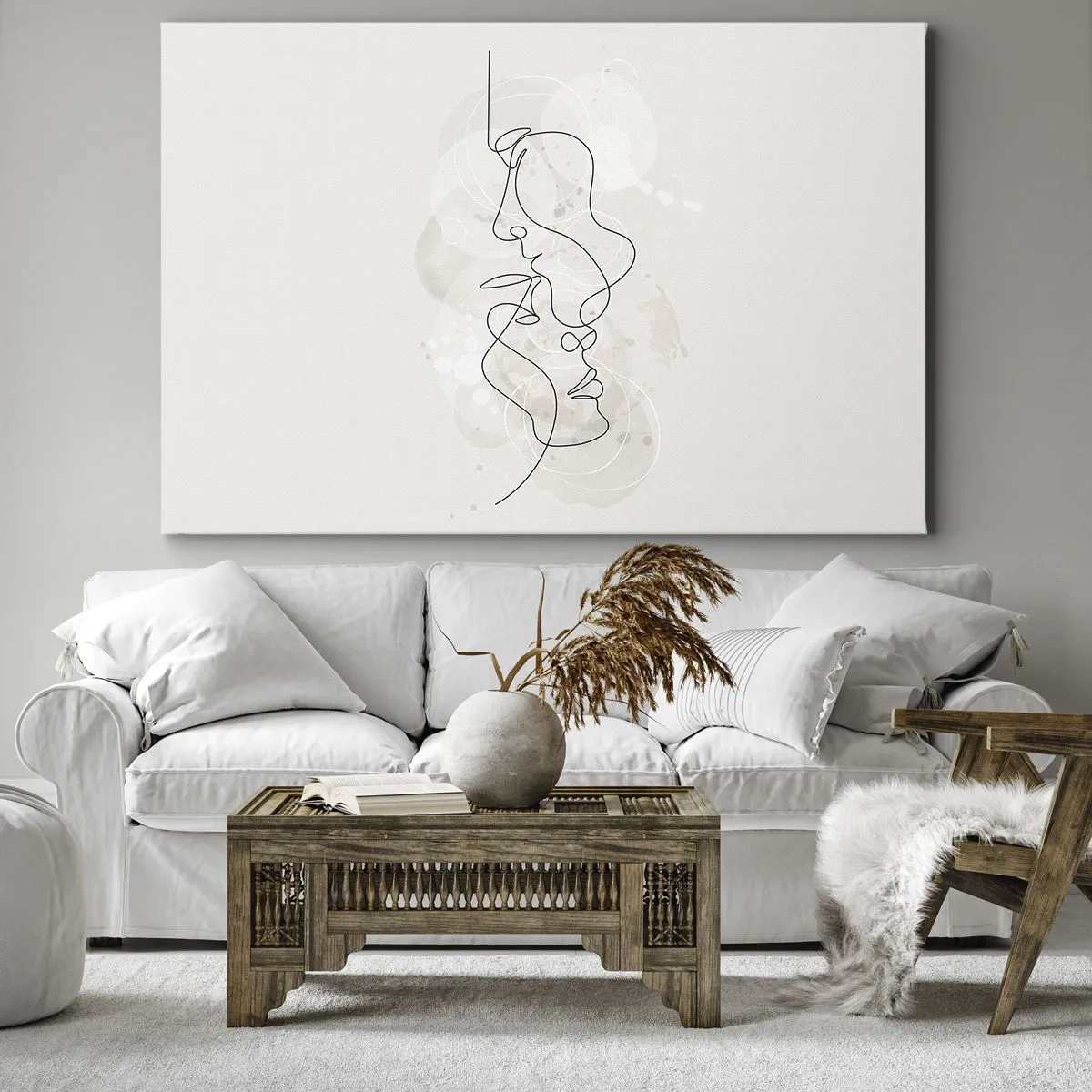 Impression sur toile - Image sur toile - Contour abstrait de deux visages sur fond clair - 120x80cm - Emmêlé dans une étreinte - Décoration murale moderne pour le salon et la chambre ARTTOR