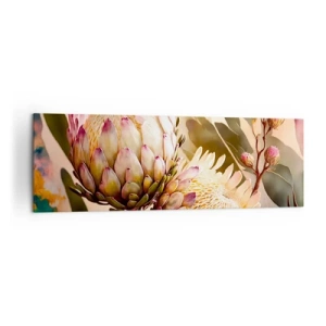 Impression sur toile - Image sur toile - Fleurs de protéa colorées sur un fond délicat - 160x50cm - Tendrement embrassé - Décoration murale moderne pour le salon et la chambre ARTTOR