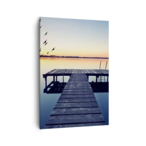 Impression sur toile - Image sur toile - Jetée en bois sur un lac au lever du soleil avec des oiseaux - 70x100cm - C'était une bonne journée - Décoration murale moderne pour le salon et la chambre ARTTOR