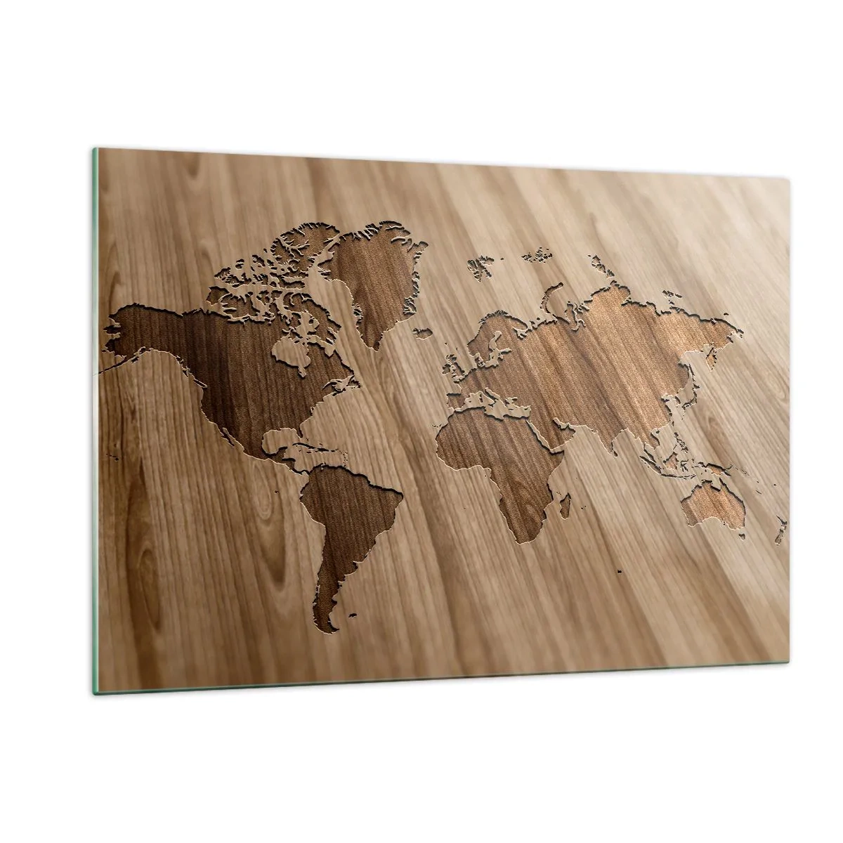 Impression sur verre - Image sur verre - Une carte du monde découpée dans une surface en bois - 120x80cm - Le monde est sur la table - Décoration murale moderne pour le salon et la chambre ARTTOR