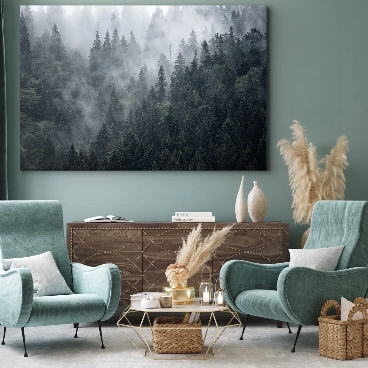 Impression sur toile - Image sur toile - Forêt de conifères brumeuse aux tons gris et verts - 70x50cm - Aube de la forêt - Décoration murale moderne pour le salon et la chambre ARTTOR