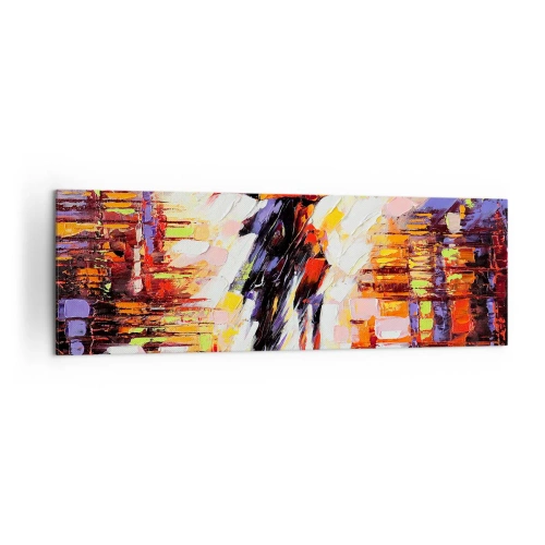 Impression sur toile - Image sur toile - Une scène abstraite d'une promenade sous un parapluie par une nuit pluvieuse. - 160x50cm - Ensemble à travers la nuit et la pluie - Décoration murale moderne pour le salon et la chambre ARTTOR