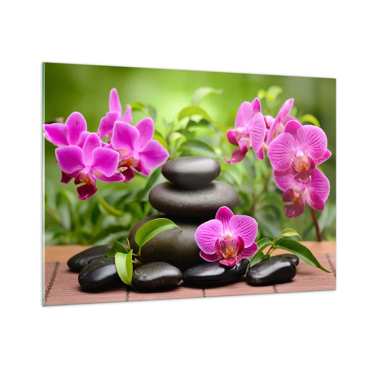 Impression sur verre - Image sur verre - Orchidées roses et pierres noires dans un cadre tranquille - 100x70cm - Pyramide de la Paix - Décoration murale moderne pour le salon et la chambre ARTTOR