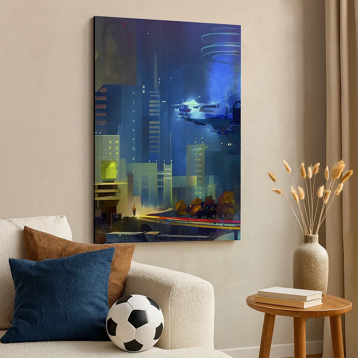 Impression sur toile - Image sur toile - Ville futuriste la nuit avec des néons et un véhicule volant - 50x70cm - Dans le futur proche - Décoration murale moderne pour le salon et la chambre ARTTOR