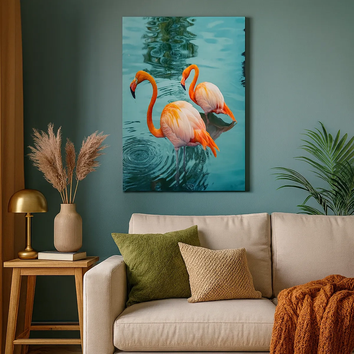 Impression sur toile - Image sur toile - Deux flamants roses dans l'eau calme reflétant leur environnement - 50x70cm - Nous sommes à la mode maintenant - Décoration murale moderne pour le salon et la chambre ARTTOR