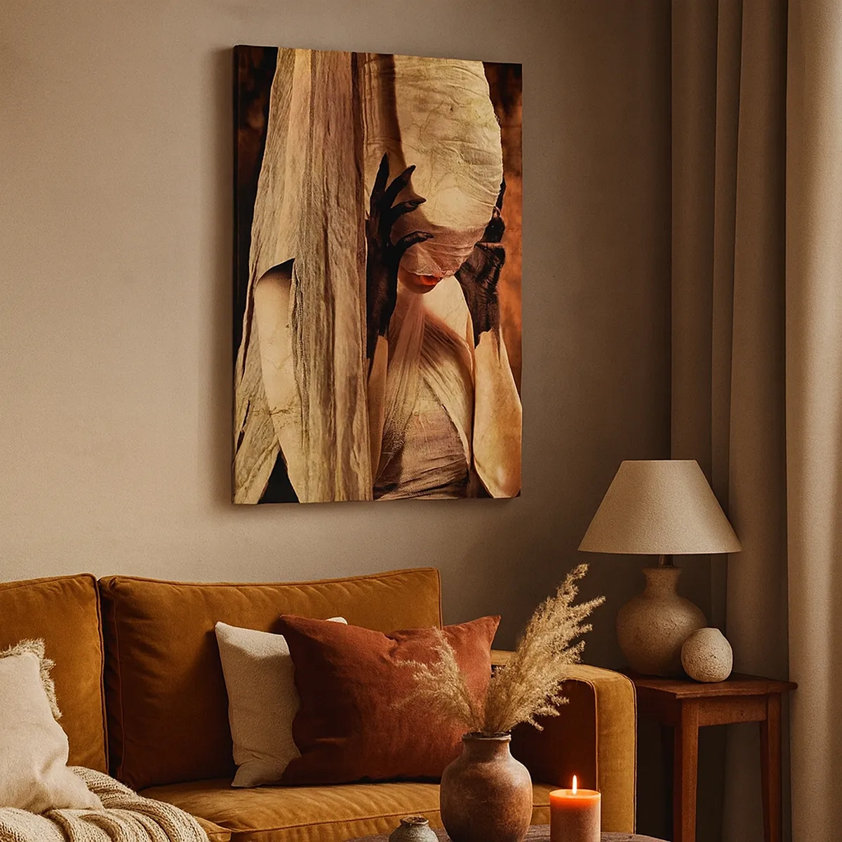 Impression sur toile - Image sur toile - Une femme voilée au style mystérieux sur un fond sombre - 50x70cm - Entre le bon et le mauvais - Décoration murale moderne pour le salon et la chambre ARTTOR