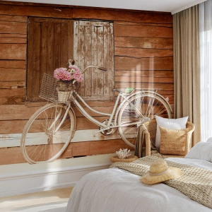 Papier peint sur mesure Premium Canvas - Je reviens tout de suite - Vélo, Fleurs, Maison en bois
