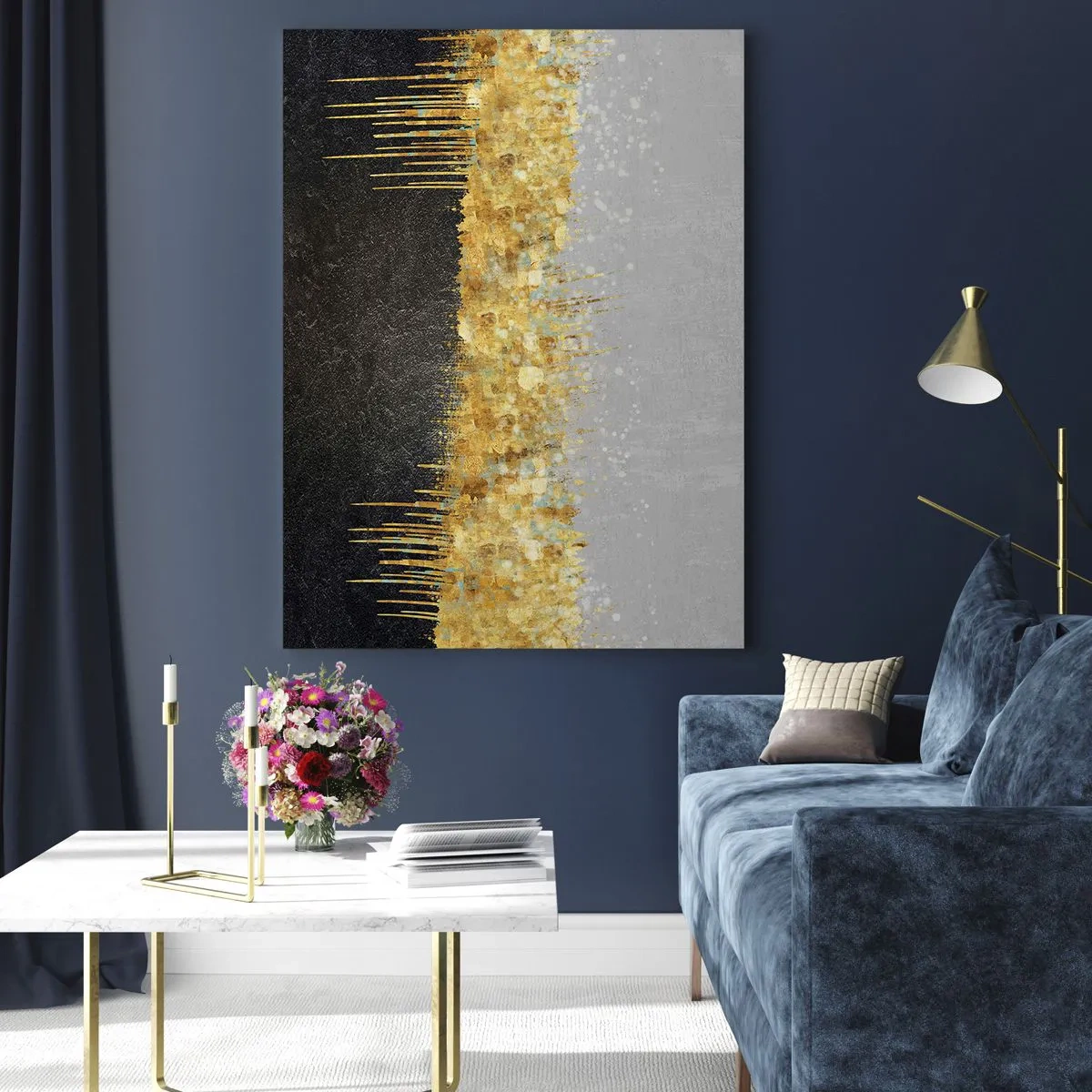 Impression sur verre - Image sur verre - Abstraction dorée avec contraste noir et gris - 50x70cm - Vers l'intérieur et vers le haut - Décoration murale moderne pour le salon et la chambre ARTTOR