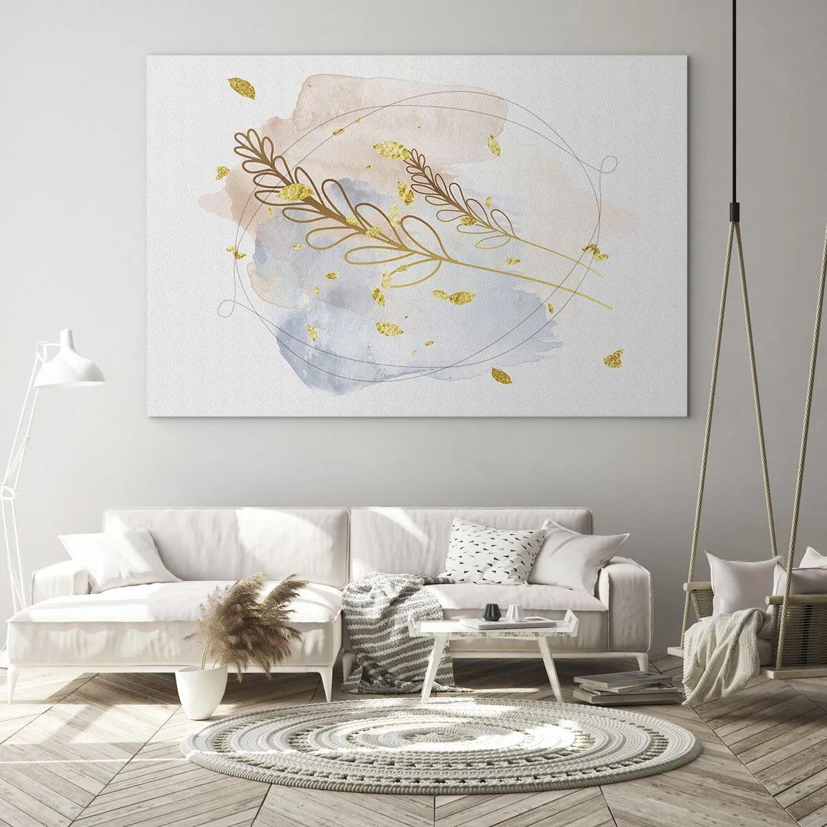 Impression sur verre - Image sur verre - Une composition délicate avec des brindilles et des feuilles dorées à l'aquarelle - 70x50cm - Explosion d'or - Décoration murale moderne pour le salon et la chambre ARTTOR