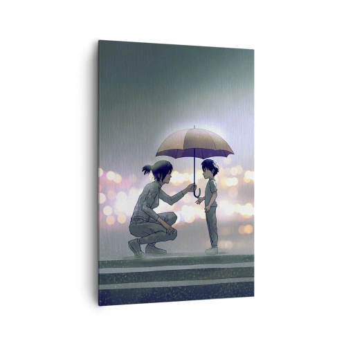 Impression sur toile - Image sur toile - Une silhouette avec un parapluie protégeant un enfant sur fond de lumières nocturnes. - 80x120cm - Et maintenant, tout va bien - Décoration murale moderne pour le salon et la chambre ARTTOR