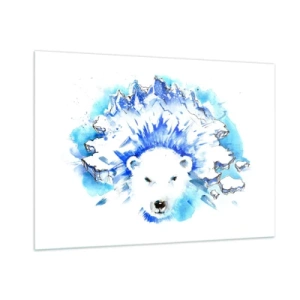 Impression sur verre - Image sur verre - Un ours polaire sur fond de montagnes glacées aux nuances de bleu. - 100x70cm - Le roi de l'Arctique dans une couronne de glace - Décoration murale moderne pour le salon et la chambre ARTTOR