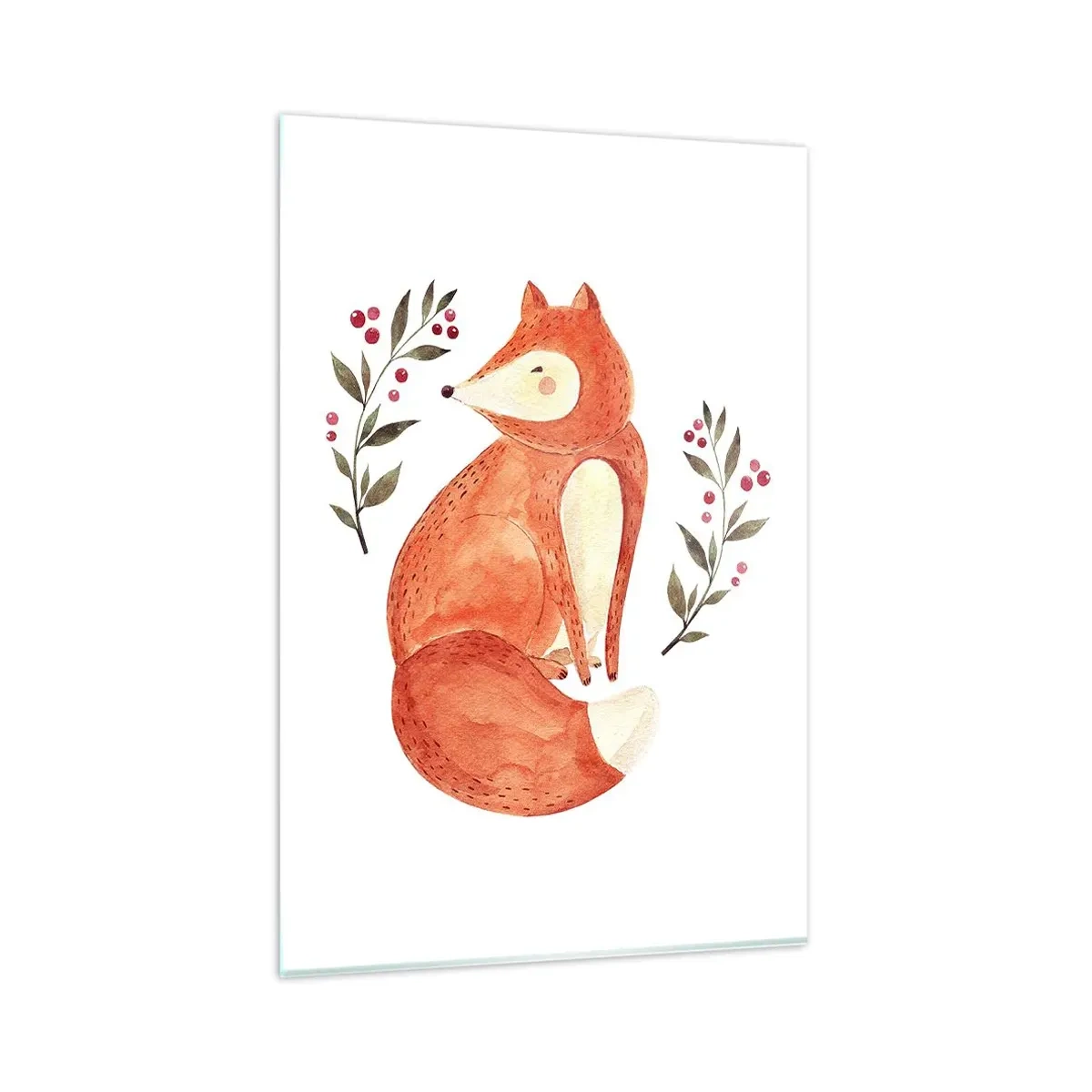 Impression sur verre - Image sur verre - Un renard aquarelle entouré de brindilles avec des baies - 80x120cm - Petit rouquin - Décoration murale moderne pour le salon et la chambre ARTTOR